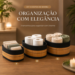 Cesto organizador de bambu preto decorativo roupas lavanderia banheiro brinquedos papel higiênico multiuso