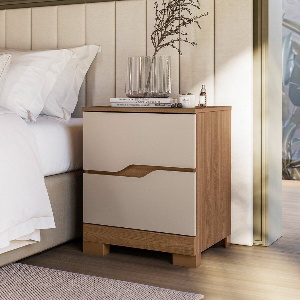 Mesa de Cabeceira para Quarto 51cm 2 Gavetas com Pés Ares Marrom Carvalho/Fendi