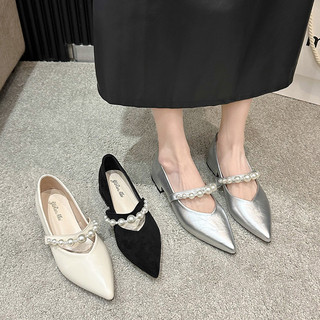 Novo estilo de salto alto feminino primavera grosso salto baixo apontou Toe boca rasa sapatos prata pérola couro m