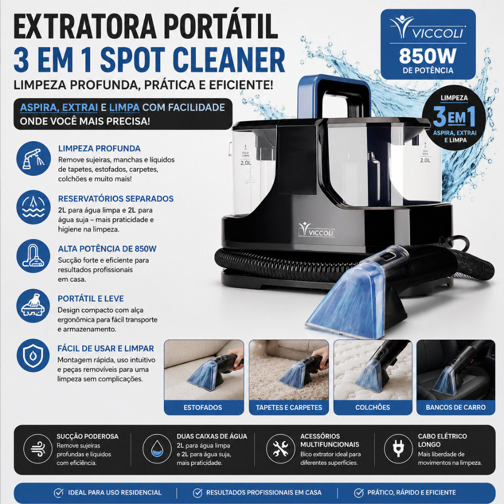 Extratora Portátil Spot Cleaner 3 Em 1 850W Aspira Extrai Limpa Estofados Sofás Tapetes Carros