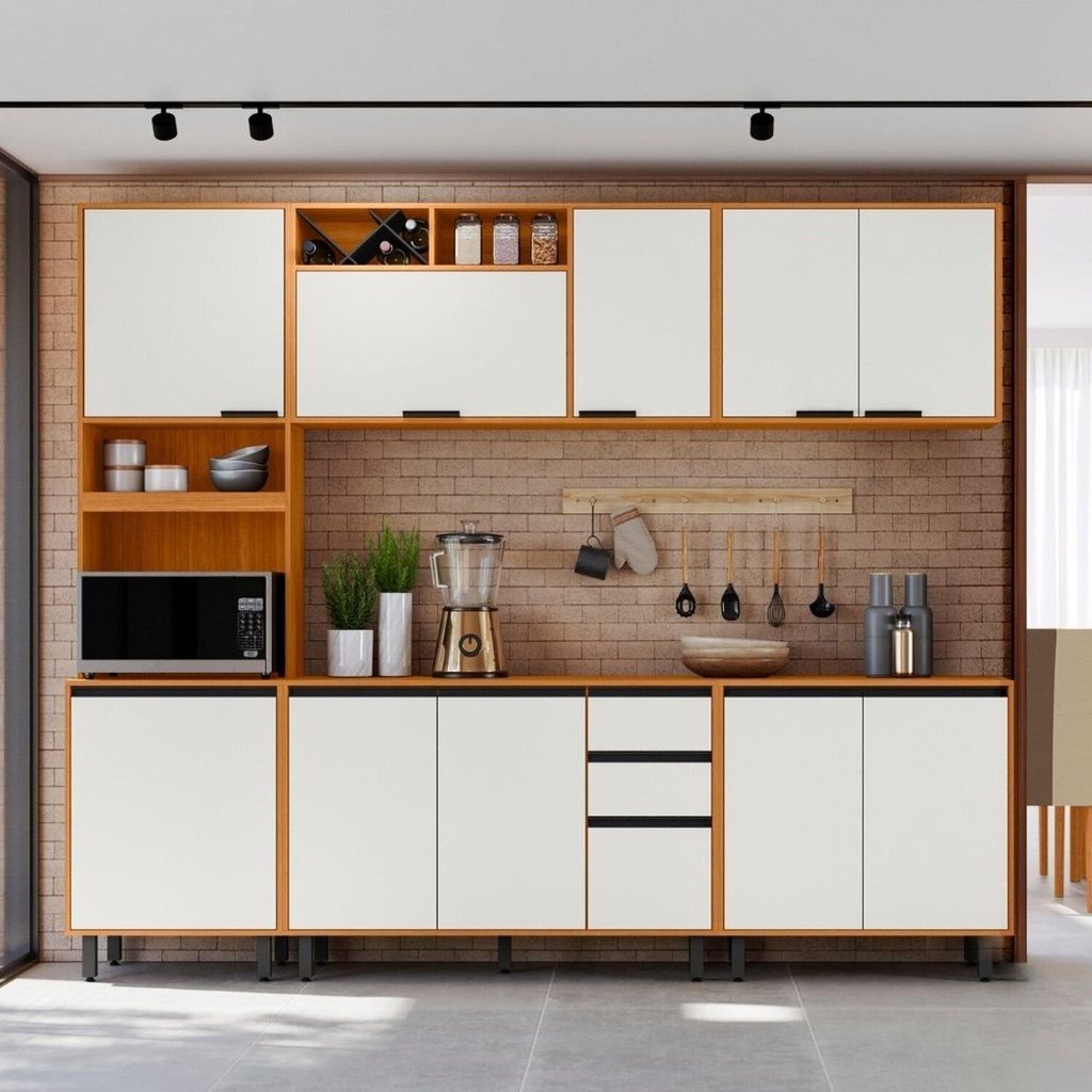 Cozinha Modulada Completa 5 Peças 11 Portas 2 Gavetas com Paneleiro Duplo Ravena Bege/Freijó/Off White Acetinado