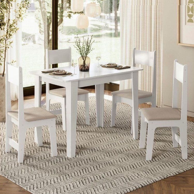 Sala de Jantar Mesa com 4 Cadeiras Assento Delta Branco/Savana Branco/Savana