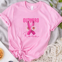Camiseta Feminina Outubro Rosa Prevenção Saúde Câncer de Mama Campanha Laço Gesto de Amor Próprio Camiseta