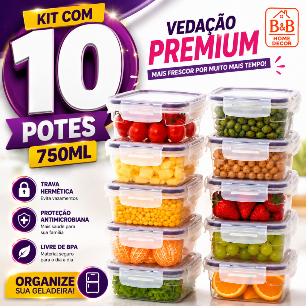Kit 10 Potes Herméticos 750ml com Travas BPA Free Marmita Fit Organizador Geladeira Freezer Porta Alimentos