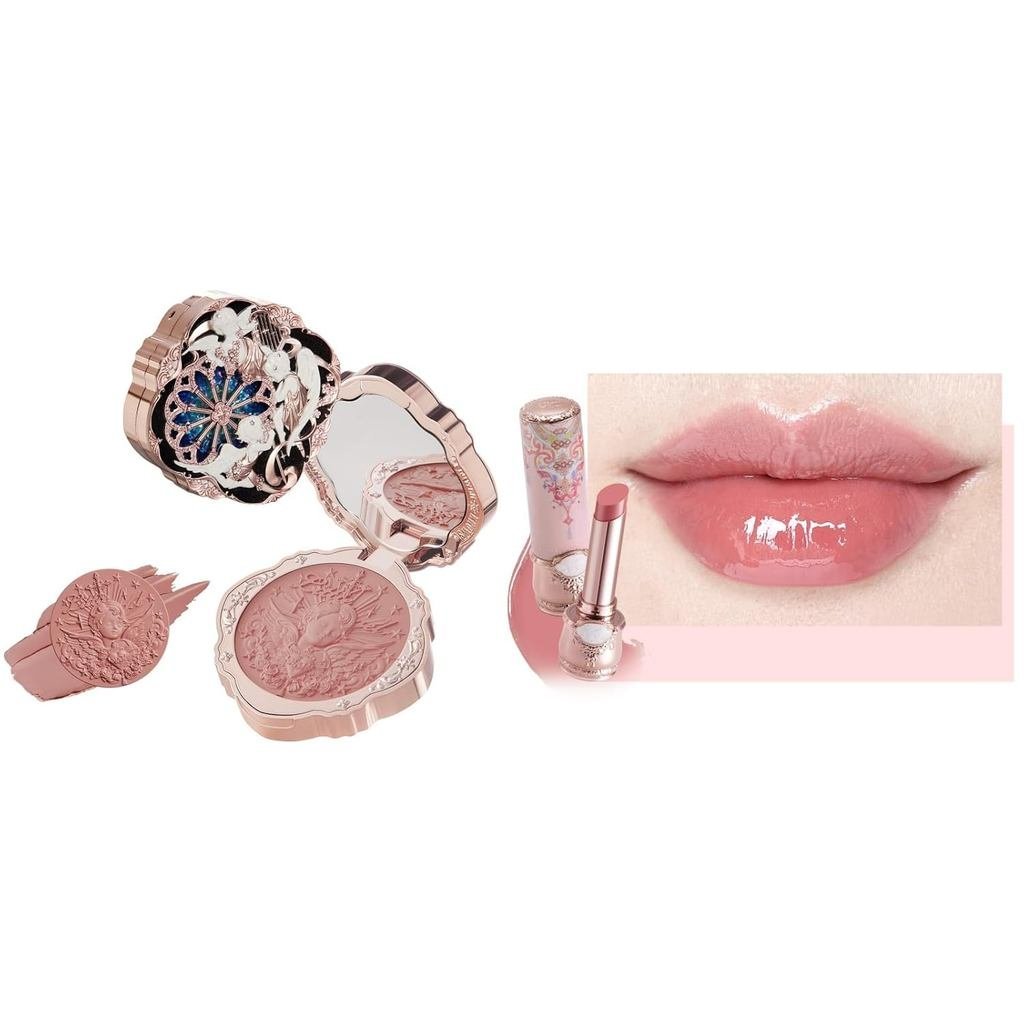 Flower Knows Little Angel Conjunto de Blush Cremoso e Batom Brilhante Butterfly Cloud Collar, Maquiagem Dewy Construível
