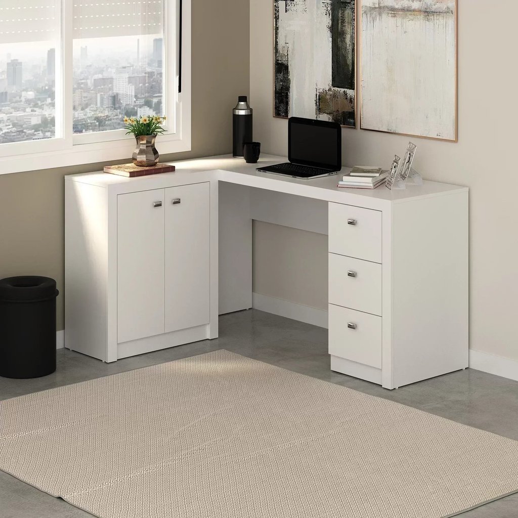 Escrivaninha Mesa Escritório em L com e Armários ME4100 3 Gavetas 136cm Branca Branco