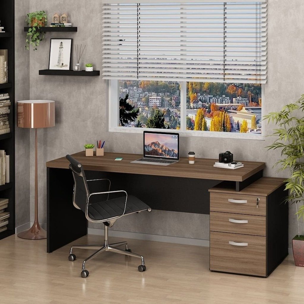 Mesa de Escritório Pedestal Retangular em Office 3 Gavetas 190cm Nogal Marrom Nogal