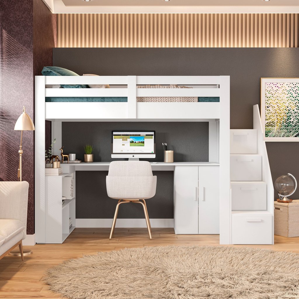 Cama Office Multifuncional Solteiro Adulto Star Plus Casatema MadeiraOriginals Branco Branco