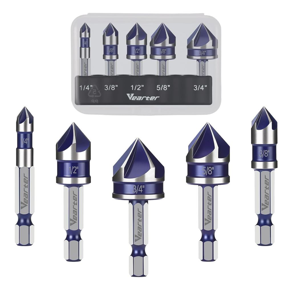 Conjunto de Brocas Escareadoras de 1/4'' a 3/4'', 5 Peças HSS com 5 Lâminas, Haste Hexagonal de 1/4" com Troca Rápida e 
