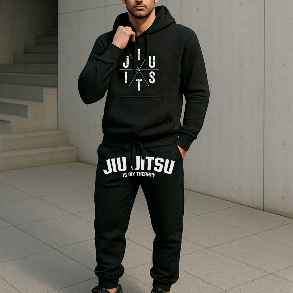 Conjunto Moletom Flanelado Com Capuz Calça Jogger Inverno Frio Casual Jiu Jitsu Artes Marciais Esportivo Premium