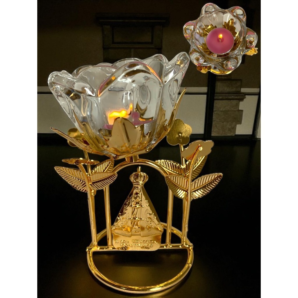 Castiçal Nossa Senhora Aparecida Dourado com Mini Vela