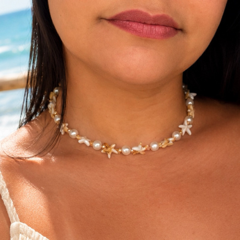 conjunto de colar e Brinco Choker Estrela, Concha Do Mar Com Pérolas Feminino Praia Elegante