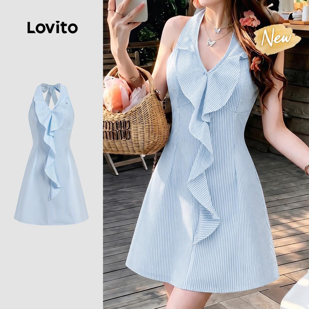 (New Arrival) Lovito Vestido Casual com Babado Azul para Mulheres Primavera/Verã