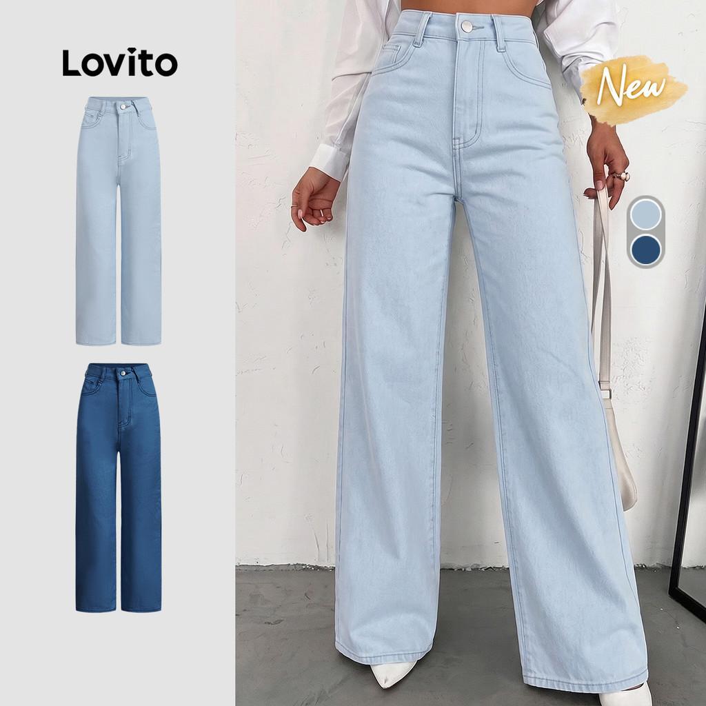 (New Arrival) Lovito  Jeans Azuis Claros com Fecho e Botão Casual para Mulheres 