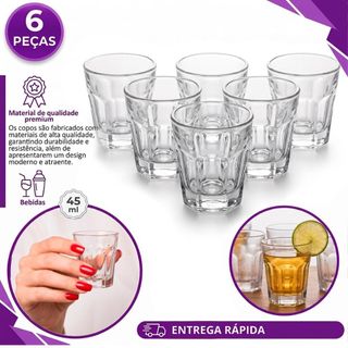 Kit 6 Copos Shot Dose 45ml Vidro Transparente Trabalhado Resistente Pequeno para Bebidas e Drinks