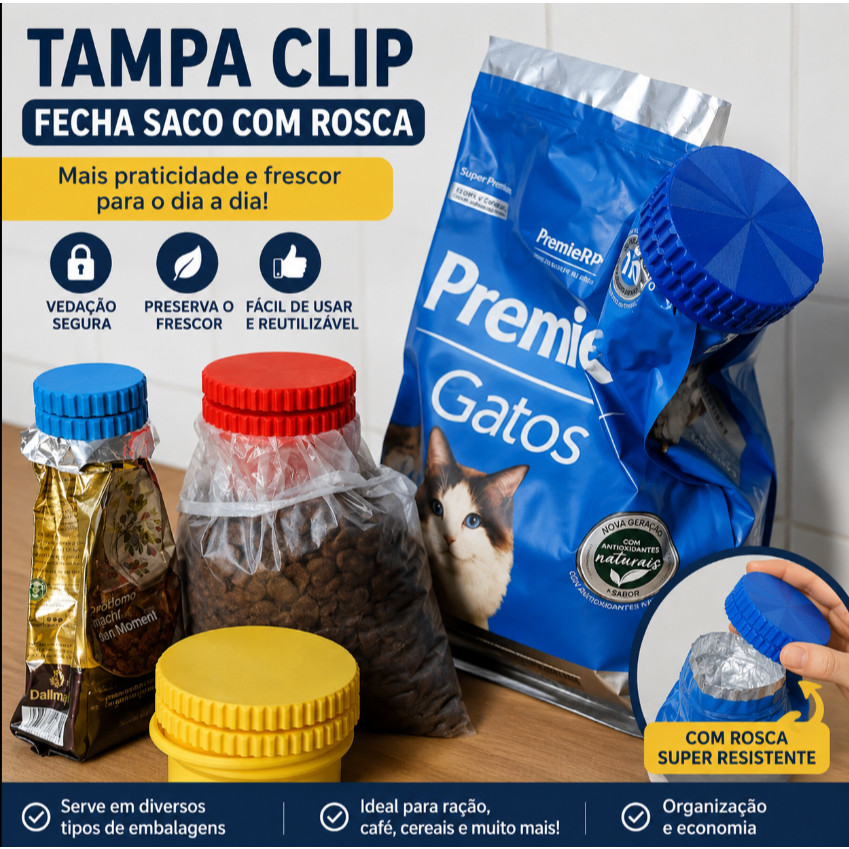 Tampa Clip Fecha Saco com Rosca – 2 Tamanhos | Vedação Prática, Grãos e Ração