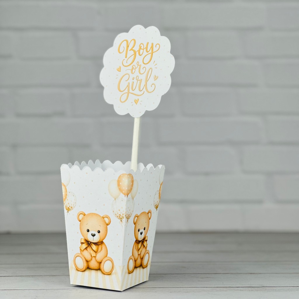 Centro de Mesa CHÁ REVELAÇÃO URSINHO BEGE | Decoração Centrob Aniversário Festa Infantil Caixinhas Lembrancinhas