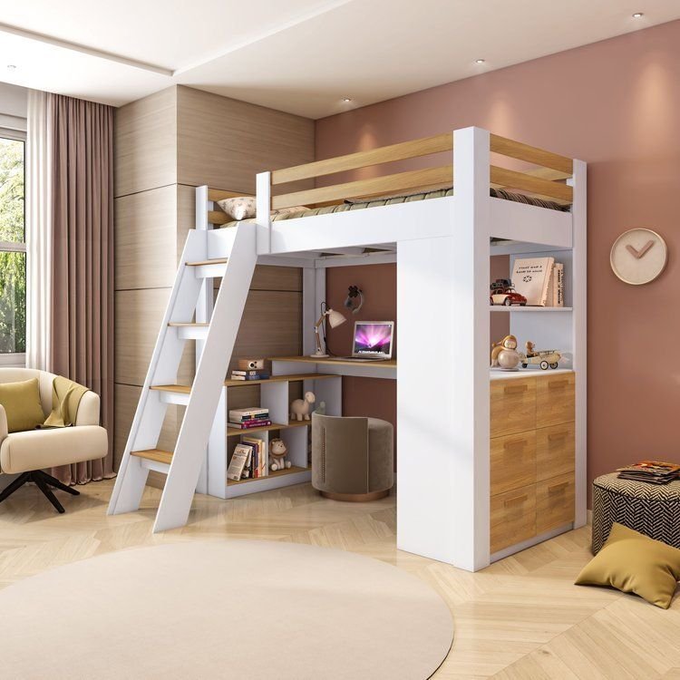 Cama Alta Beliche Office Infantil Multifuncional com 6 Gavetas Micenas Yescasa Branco/Freijó Branco/Freijó