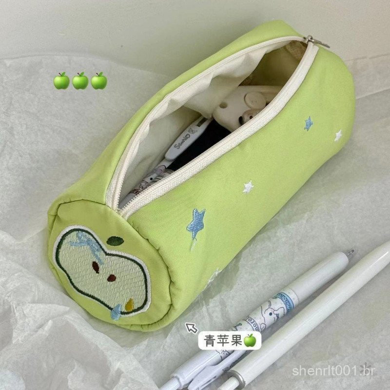 Green Apple Star Green Pen Saco de caneta fofo caixa de papelaria saco de guardar saco de papelaria bordado caixa de can