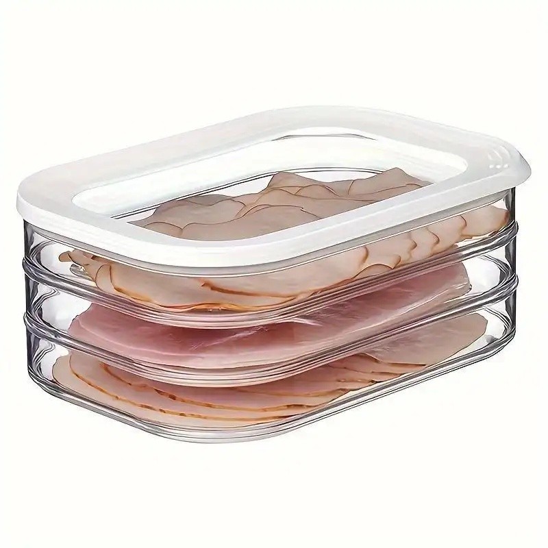 Organizador de Armazenamento de Frios e Queijos Empilhável de 3 Níveis com Tampa, Recipiente de Alimentos para Refrigera