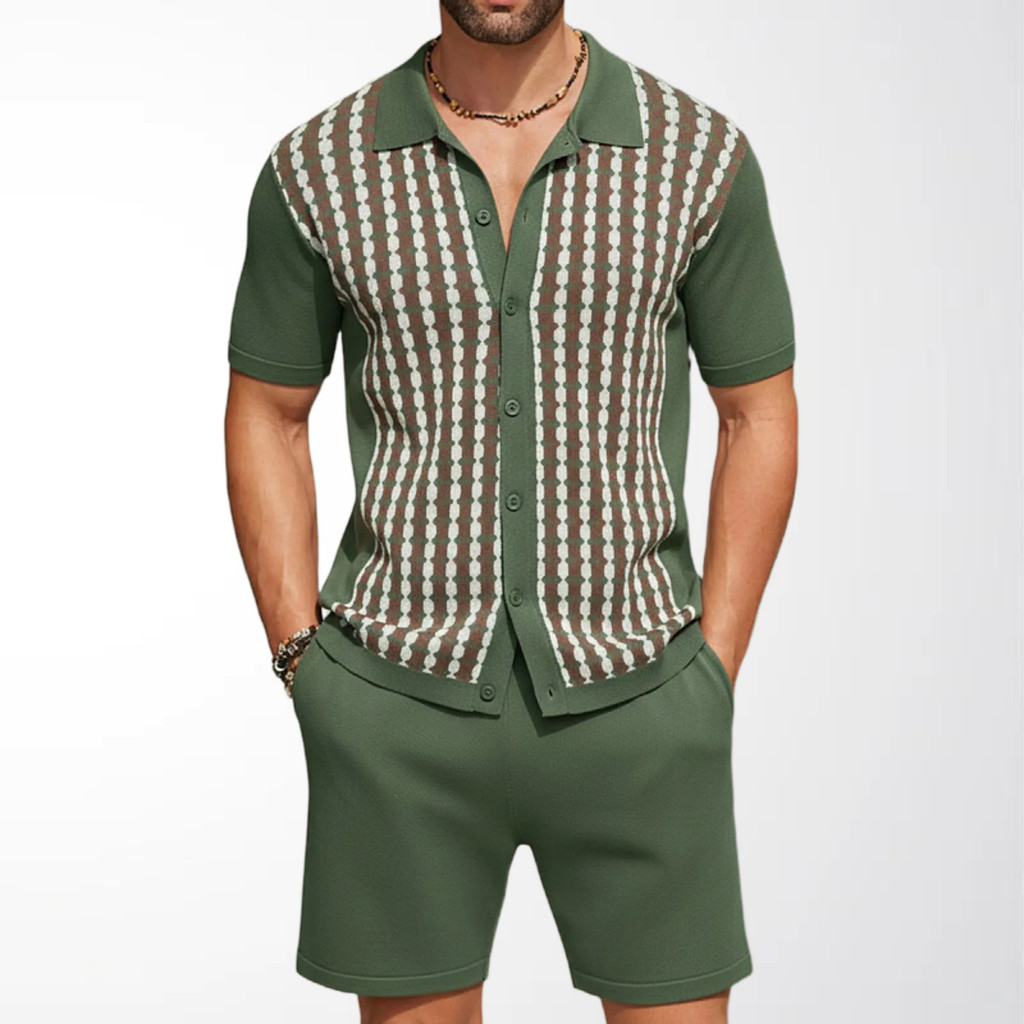 Terno casual Masculino Contrastante Listrado jacquard Cardigã De Manga Curta E shorts Conjunto De Duas Peças