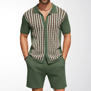 Terno casual Masculino Contrastante Listrado jacquard Cardigã De Manga Curta E shorts Conjunto De Duas Peças