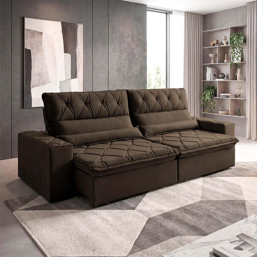 Sofá Retrátil/Reclinável França 2,50m Suede Velut Marrom c/ Molas no Assento - King House
