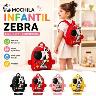 Mochila Infantil Zebra Unissex Escolar Creche Passeio Leve Fofa Menino Menina