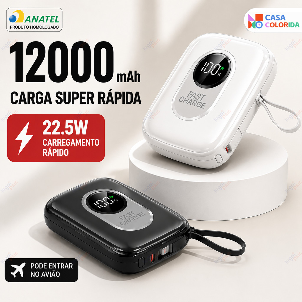 Carregador Portátil Slim 12000mAh com LED, Cabos Acoplados, Fast Charging, Compatível com iOS e Android