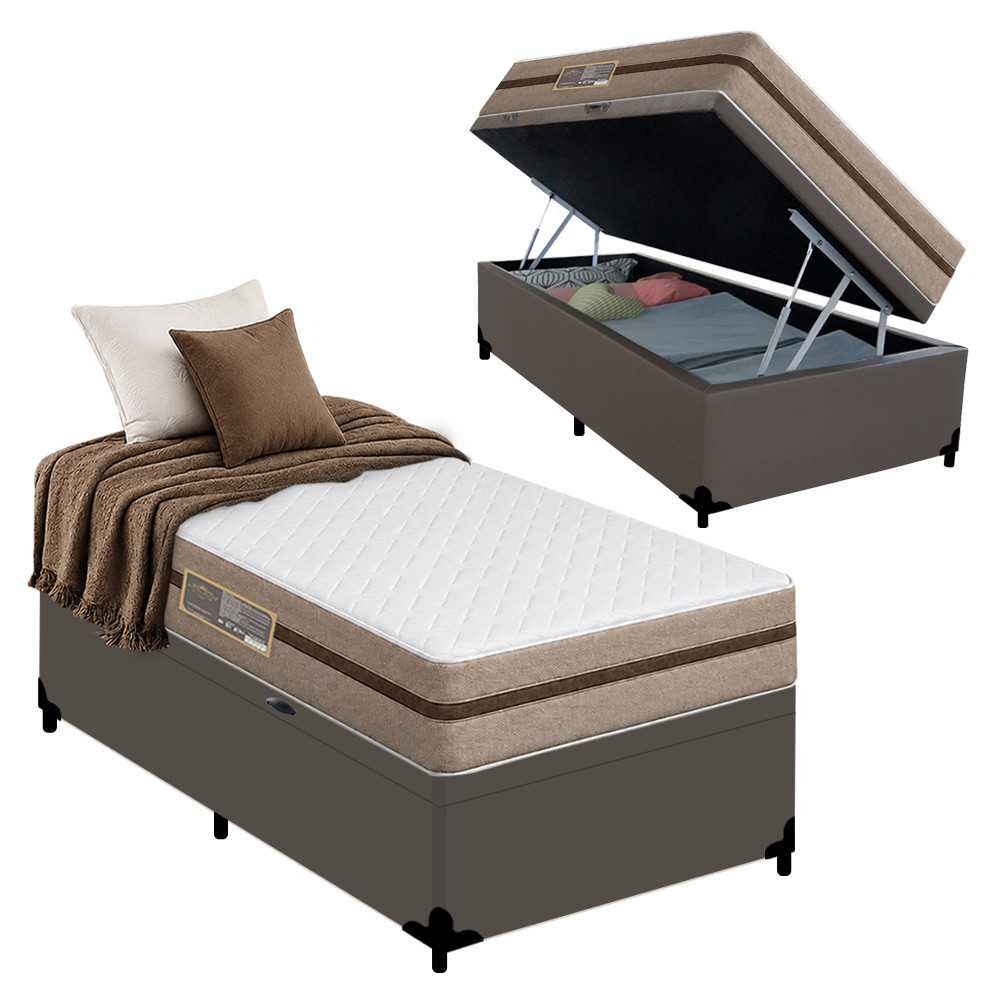 Cama Box Baú Solteiro Sintético + Colchão Molas Ensacadas Royal Sleep BioClassic 88cm