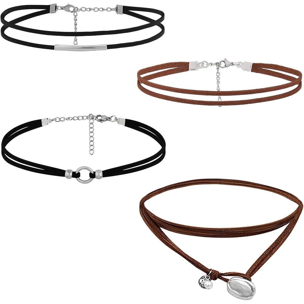 4 Peças de Choker para Mulheres, Colares Choker de Couro Preto, Colares Góticos, Colares Boho, Colar de Couro Su