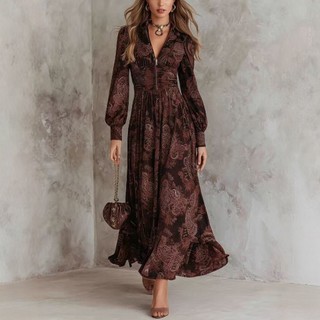 Vestido longo de manga comprida com decote em V, cintura marcada e mangas bufantes, com estampa retrô, nova tendência da