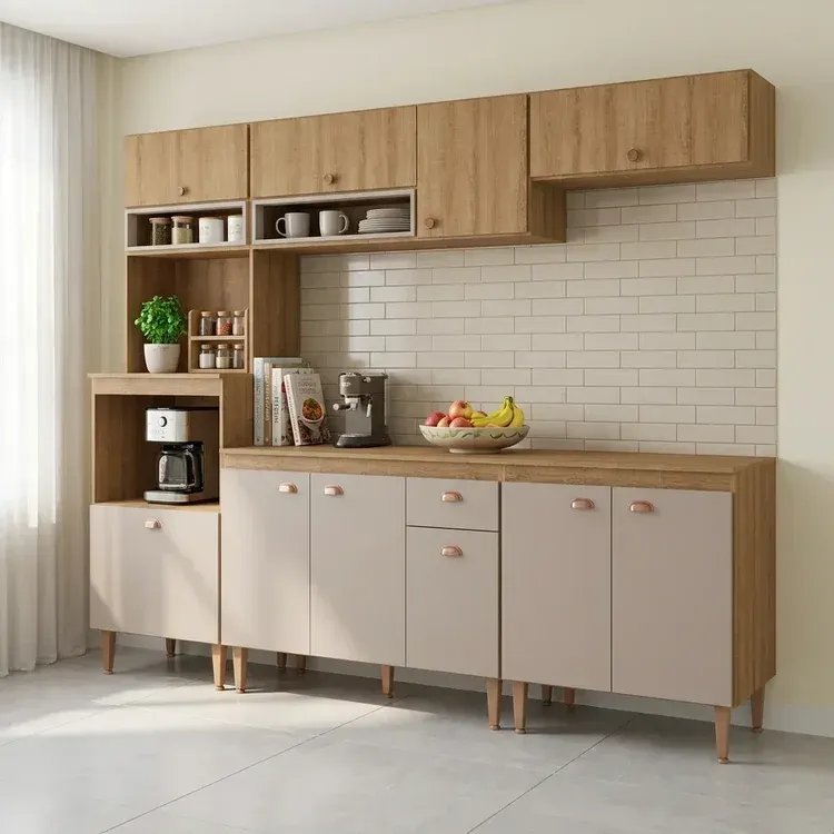 Cozinha Modulada 6 Peças com Torre Quente, Nichos e Balcão com Tampo Marti Yescasa Mel/Cinza Sim