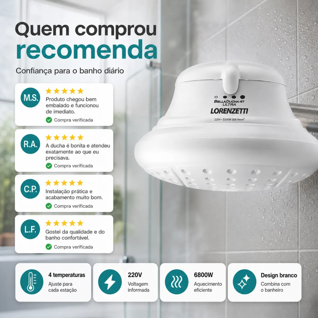 Ducha Lorenzetti Bella Ducha 4T 220V 6800W Branca Original — imagem 2 de 2