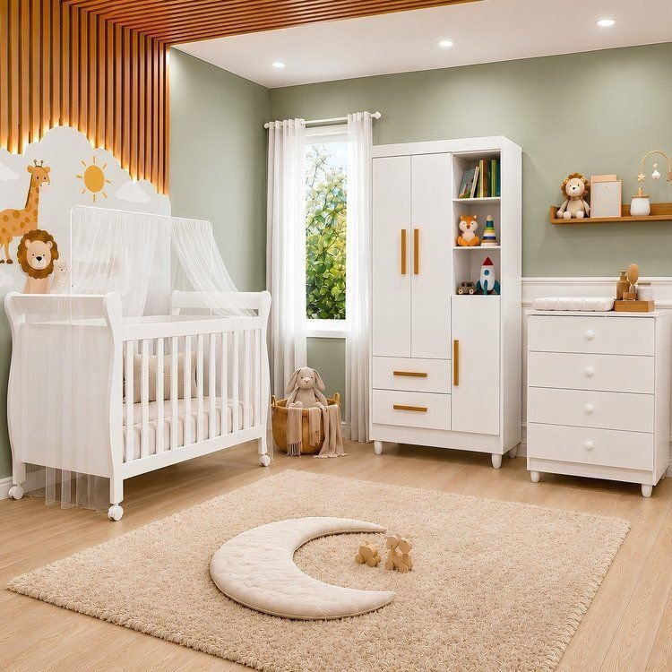 Quarto de Bebê Completo com Cômoda, Berço e Guarda Roupas Mia Branco Branco