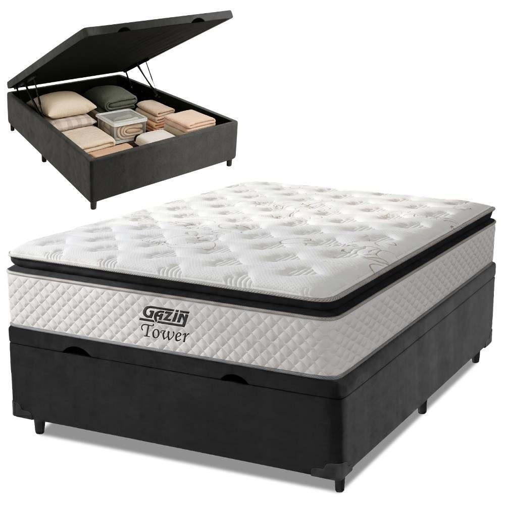 Cama Box Baú Casal Colchão Molas Pocket Ensacadas Tower 138x188x75cm Branco / Preto Gazin - Suporta até 120kg por Pessoa