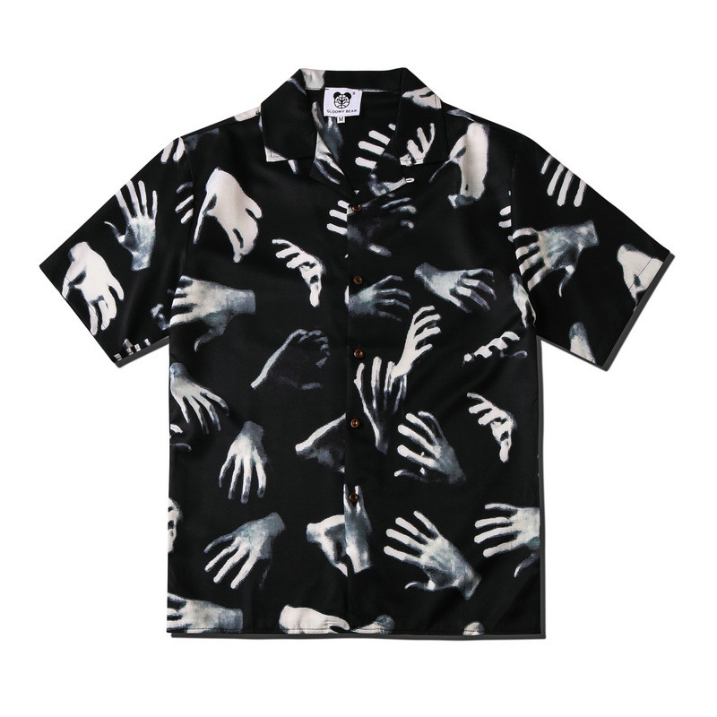 [Novo produto] High Street Homens Mulheres Casal Marca Palma Escura Digital Impresso Lapela Solta Casual Camisa de Manga