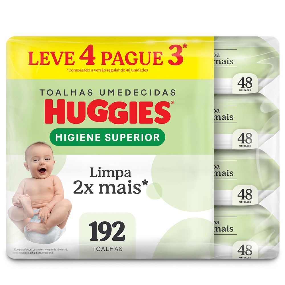 Imagem Lenços Huggies Higiene Superior Limpam 2x Mais 4 x 48 Unidades