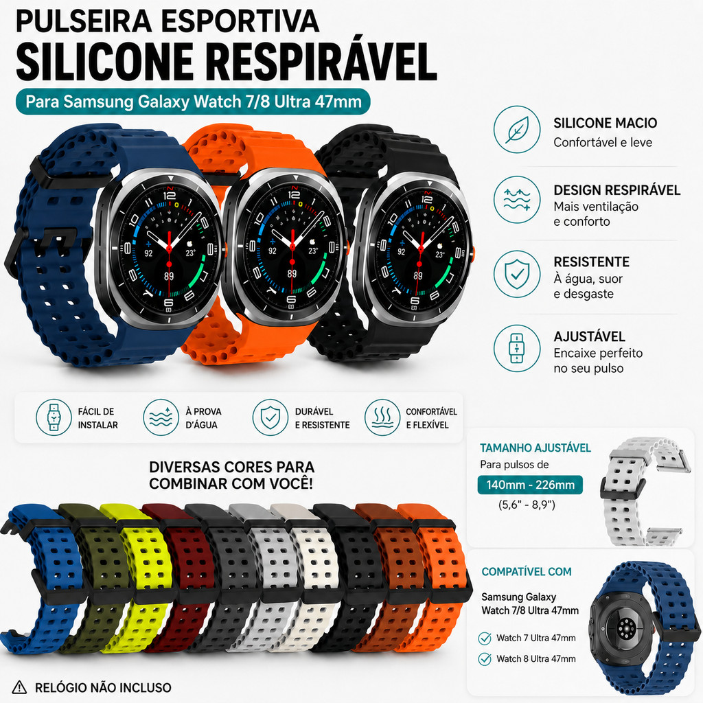 Pulseira Respirável de Silicone para Samsung Galaxy Watch 7Ultra /8 Ultra2 47mm 