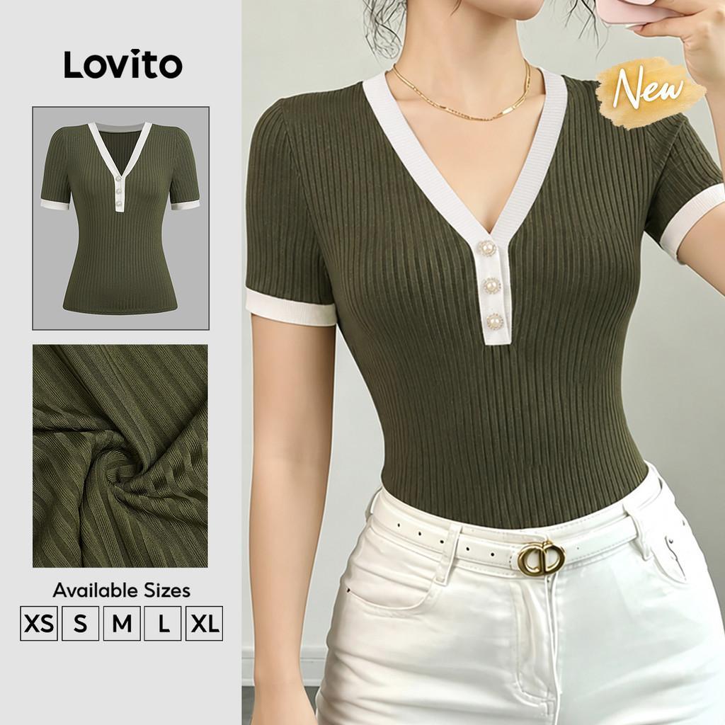 (New Arrival) Lovito Elegante Camiseta com Botão e Blocos de Cor Primavera/verão Camiseta Verde para Mulheres TSB202P2D540