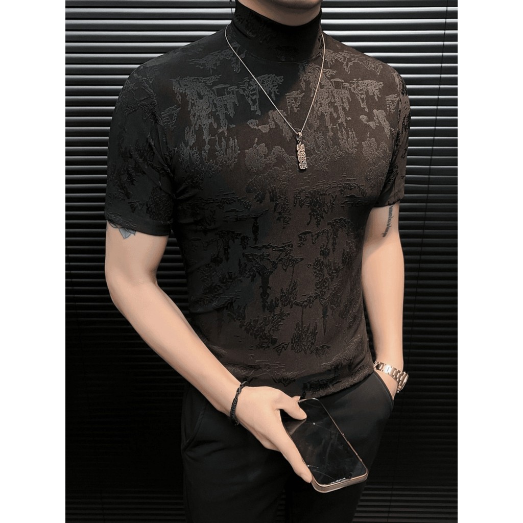 Estilo chinês Jacquard meia gola alta manga curta camiseta masculina verão novo estilo fino-ajuste All-Ma