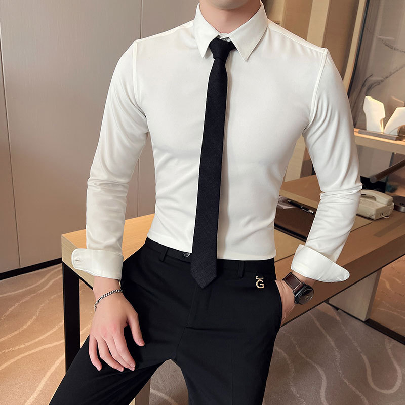 Camisa Masculina De Manga Comprida De Cor Sólida Slim-Fit Stretch Casual Polegada Camisa Versão Coreana Slim-fit Não-