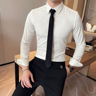 Camisa Masculina De Manga Comprida De Cor Sólida Slim-Fit Stretch Casual Polegada Camisa Versão Coreana Slim-fit Não-
