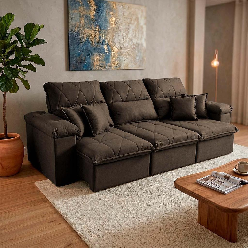 Sofá Retrátil/Reclinável Trento 2,30m Suede Velut Marrom c/ Molas no Assento - King House