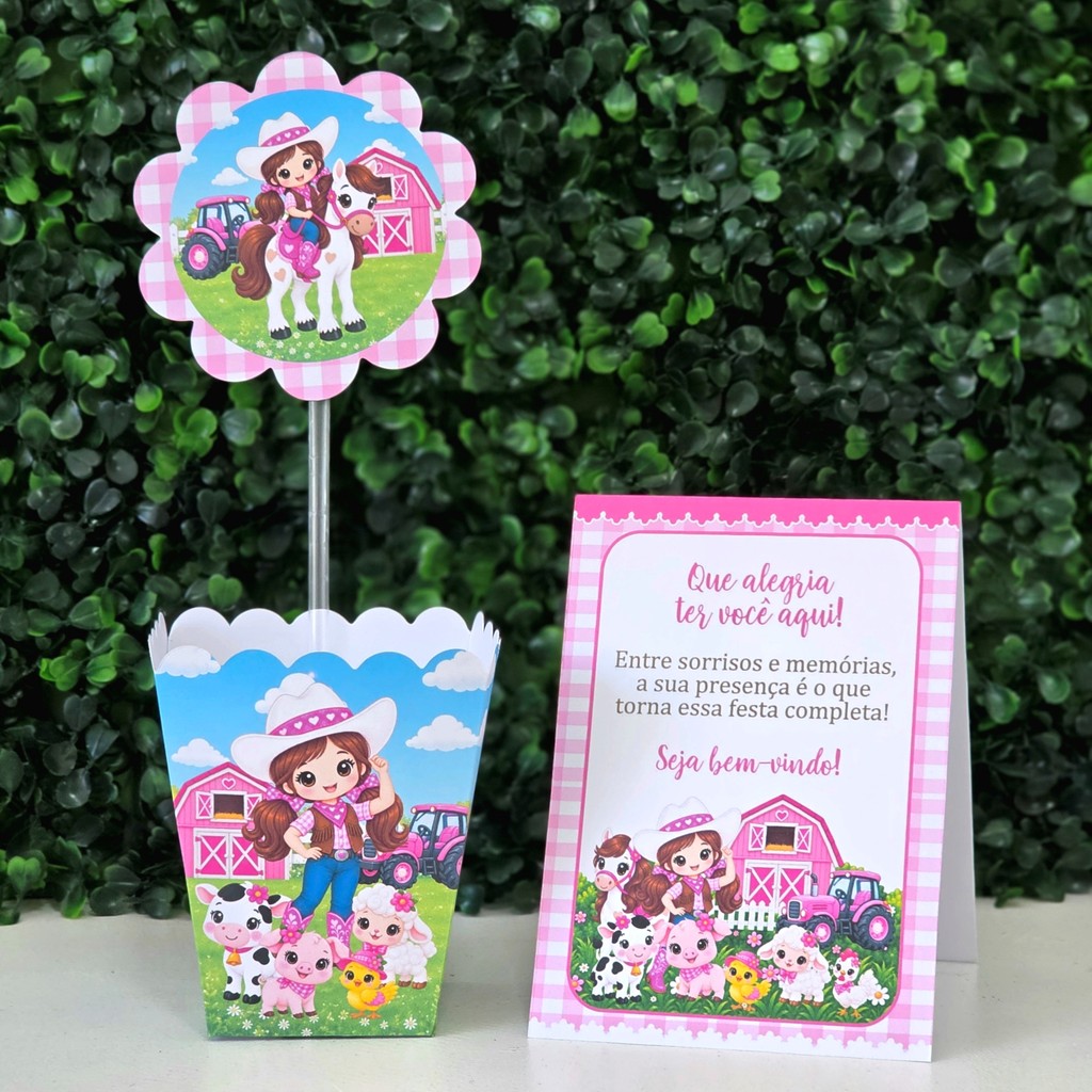 Centros de mesa + Plaquinhas FAZENDINHA ROSA COWGIRL festa infantis lembrancinhas aniversario decoração personalizados