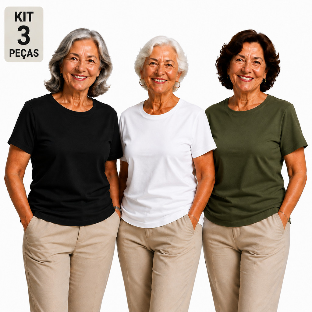 Kit 3 Blusas SenhorasT-Shirt Lisa Básica 100% Algodão Premium Envio Imediato