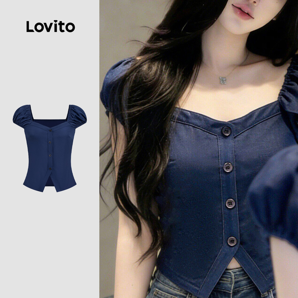 (New Arrival) Lovito Camiseta Elegante com Botão e Fenda Frontal Primavera/verão