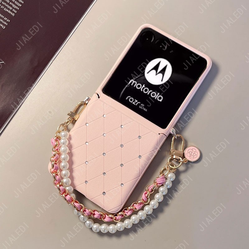 Flor Alça De Mão Strass Losango Couro Caso Telefone Para Motorola Razr 50 60 70