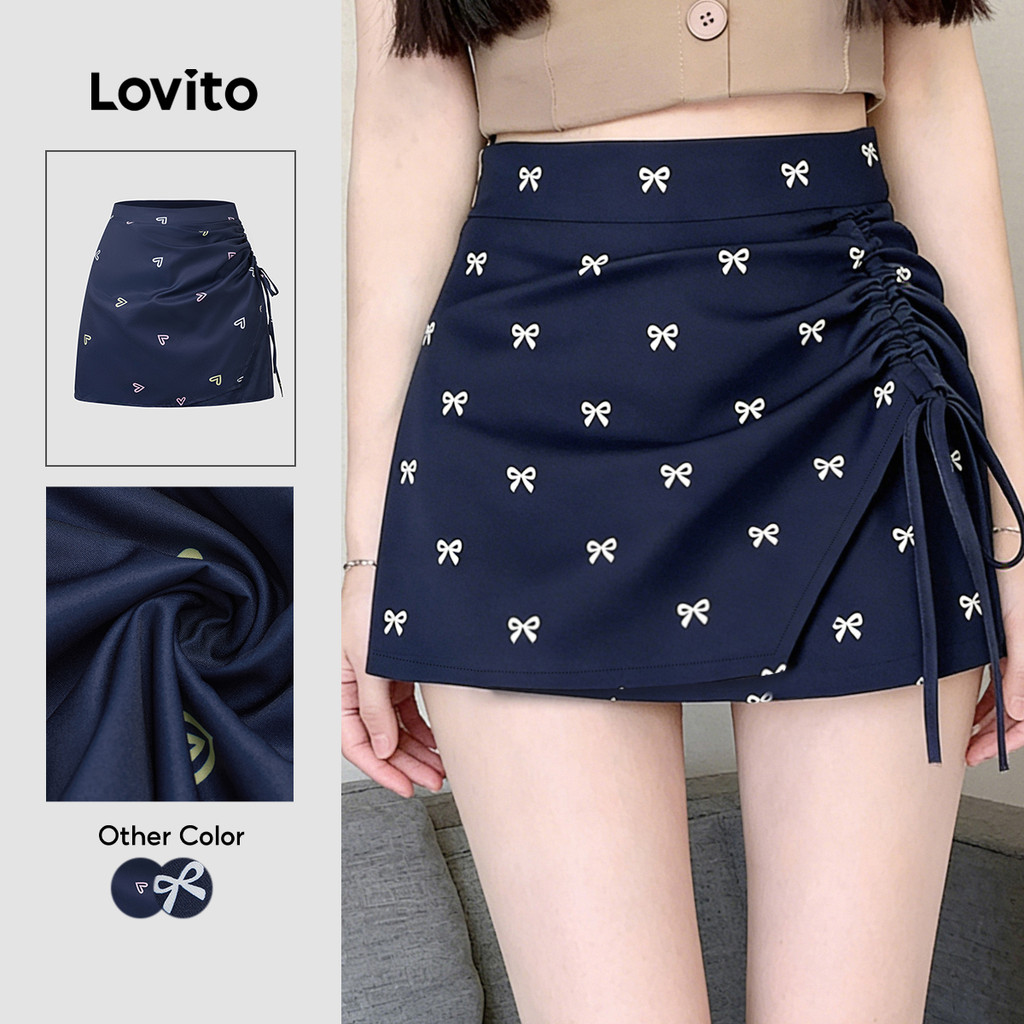 Lovito Shorts Casuais Femininos Primavera/verão Cordão de Laço Modelo Fake 2 em
