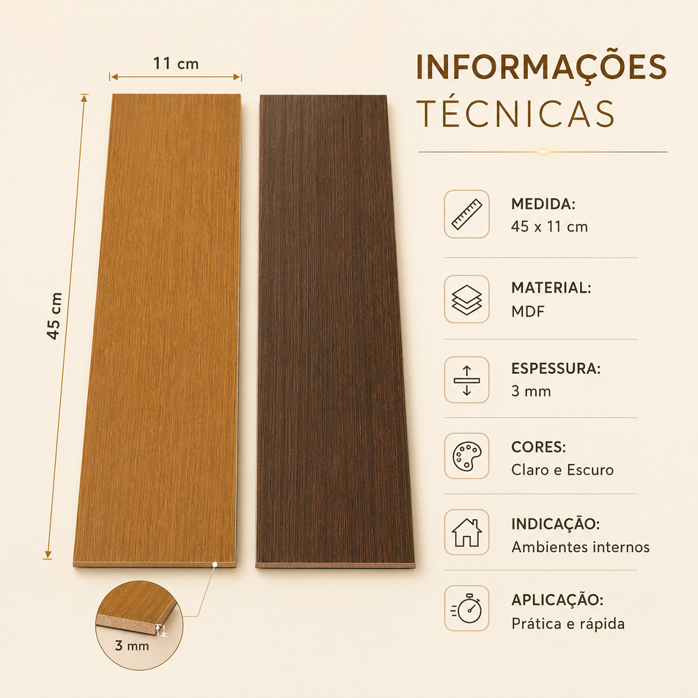 KIT 20 Piso Laminado Madeira em MDF 11x45cm com Dupla Face Revestimento para Sala Quarto